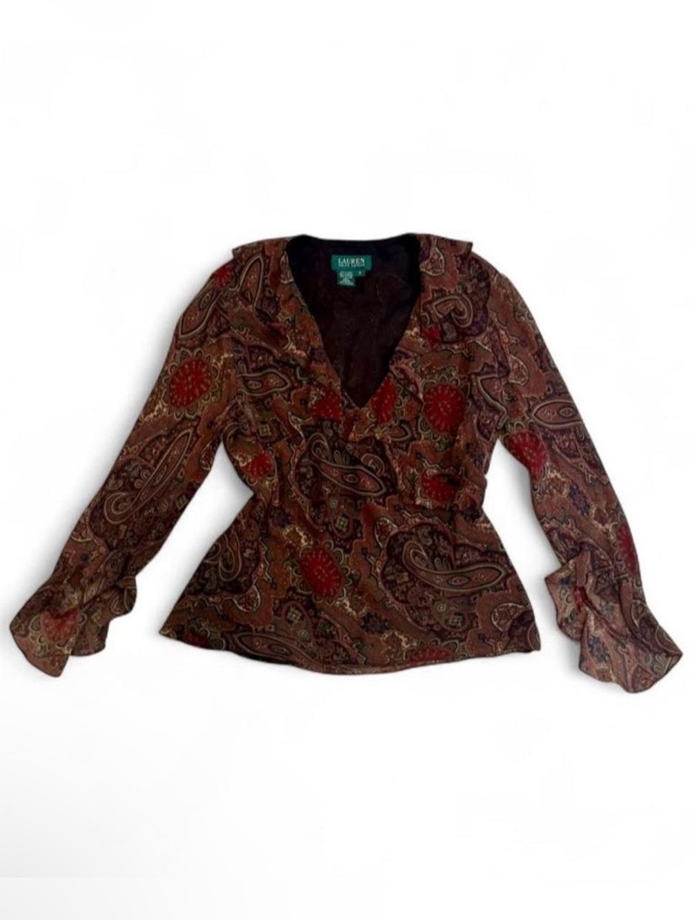 Ralph Lauren 100% Silk Paisley V-Neck Ruffle Blouse